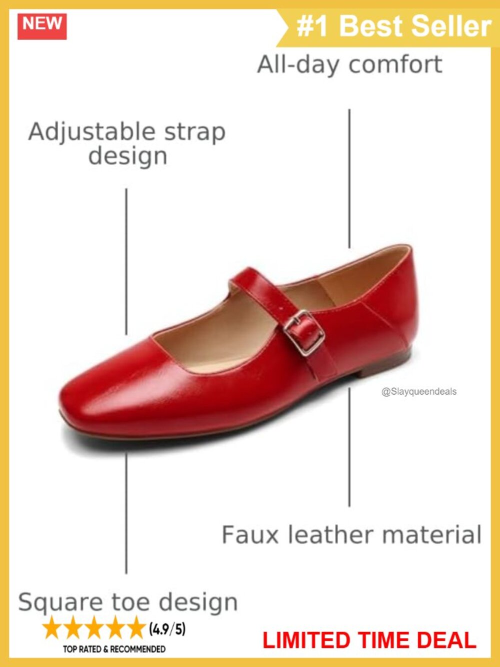Square Toe Mary Jane Flats Faux Leather Comfort Shoes - Picture 2 of 6